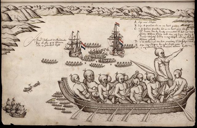 The first European impression of Māori, at Murderers’ Bay in Abel Tasman’s travel journal (1642) Photo Credit