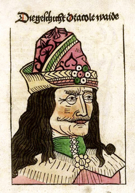 A woodcut depicting Vlad on the title page of a German pamphlet about Vlad published in Nuremberg in 1488  Photo Credit