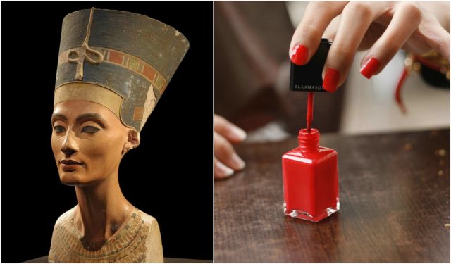 Left: Picture of the Nefertiti bust in Neues Museum, Berlin. Photo Credit Right: Red Nail Polish Photo Credit