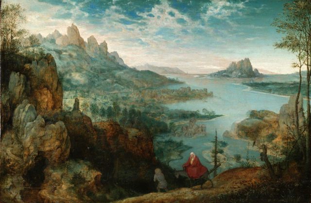“Landscape with the Flight into Egypt” (1563) shows the biblical travels of Mary and Joseph with the infant Jesus. A pagan statue can be seen on the right, near the stump, which has fallen from its shrine, symbolizing the triumph of Christ over paganism. The painting is signed “BRVEGEL MDLXIII”.