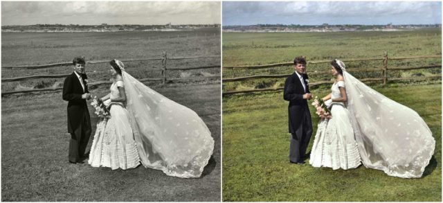 Senator John F. Kennedy And Jacqueline Bouvier Kennedy On Their Wedding Day, September 12, 1953. Original Photo: Library of Congress. Colorized by Marina Amaral