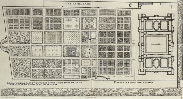 The gardens in 1576, engraving by Jacques I Androuet du Cerceau. (The engraving also includes a plan for the expansion of the palace which was never executed.)