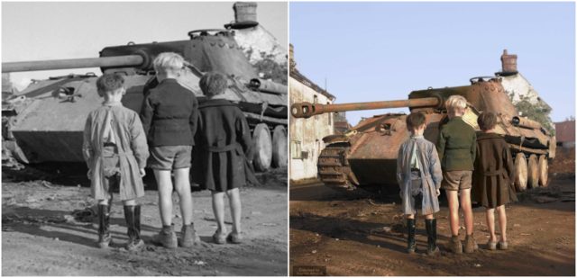 Three French Boys Look At A Knocked-Out German Panther Tank In The Falaise Pocket. Near Falaise, Lower Normandy, France, 25th August 1944. Original Photo: Library of Congress. Colorized by Marina Amaral