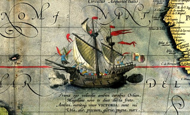 Victoria, the only ship of Magellan’s fleet to complete the circumnavigation. Detail from a map by Ortelius, 1590.