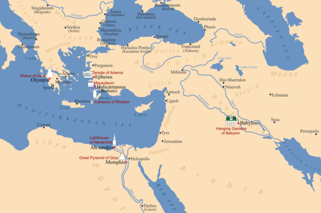 A map showing the locations of the Seven Wonders of the Ancient World. photo credit