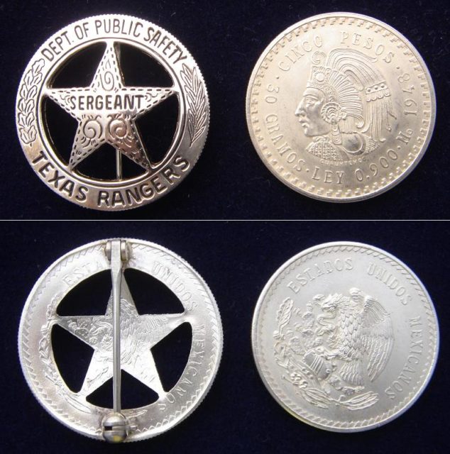 The modern day badge of a Texas Ranger compared to the obverse and reverse of a 1948 cinco pesos coin from which it is made.