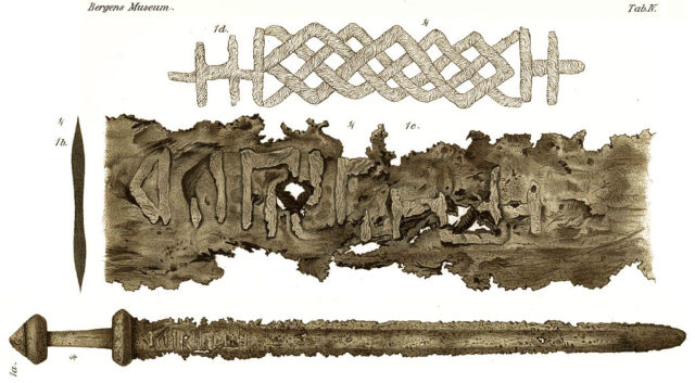 Drawing of the Sæbø sword and its inscription from Petersen