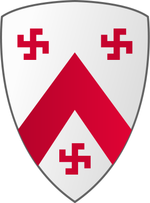 Arms of Leonard Chamberlayne: Argent, a chevron between three fylfots gules — drawn from the blazon given in MS. Harleian, 1394. Photo Credit