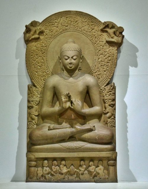 Teaching Buddha (Dharmacakra mudrā). Gupta period. Sandstone, H. 160 cm. Archaeological Museum (ASI), Sarnath, India. Photo Credit