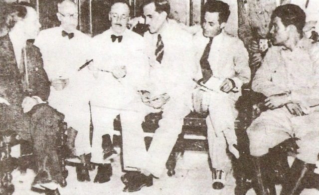 The Pentarchy of 1933 was a five-man Presidency of Cuba, including José M. Irisari, Porfirio Franca, Guillermo Portela, Ramón Grau, and Sergio Carbó. Fulgencio Batista, who controlled the armed forces, is on the far right