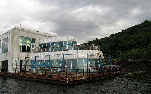 Friendship 500, a floating McDonald’s restaurant, also known as the McBarge, anchored in Burrard Inlet near Vancouver, BC. Photo Credit
