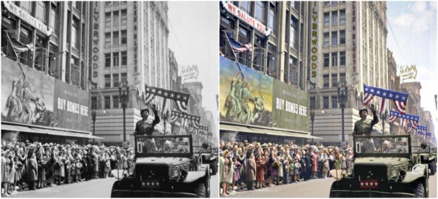 General George S. Patton Acknowledging The Cheers Of The Welcoming Crowds In Los Angeles, CA, During His Visit On June 9, 1945. Original Photo: National Archives and Records Administration. Colorized by Marina Amaral