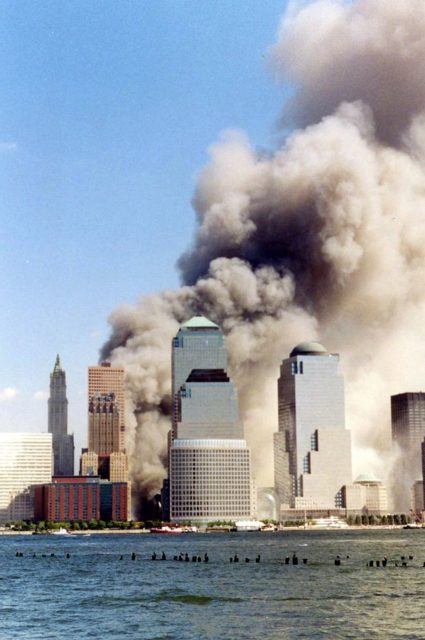 Picture of the World Trade Center on 9/11 shortly after the second tower had collapsed, photo credit