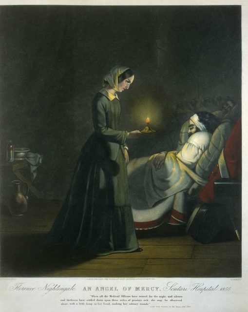 “Florence Nightingale. An Angel of Mercy. Scutari Hospital 1855”. Colored mezzotint, c. 1855, by Tomkins after Butterworth, photo credit