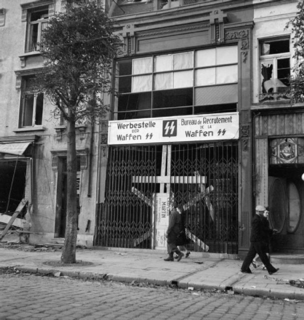 Waffen-SS recruiting center in Calais, in northern France, photographed shortly after liberation by the Allies.