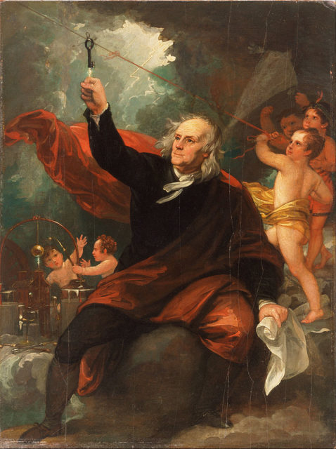 Benjamin Franklin Drawing Electricity from the Sky c. 1816 at the Philadelphia Museum of Art, by Benjamin West.