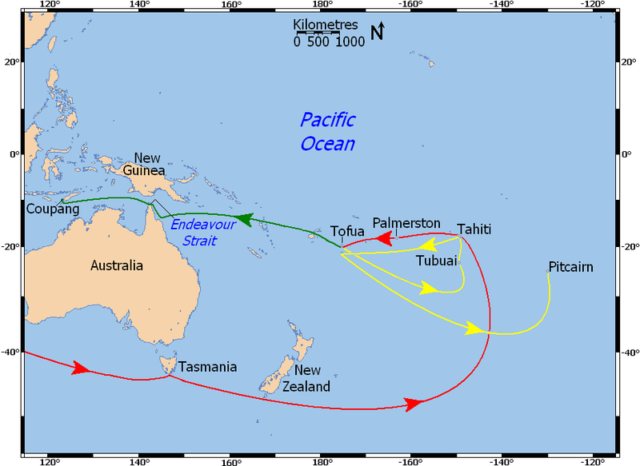 This map shows the movements of HMS Bounty in the Pacific Ocean between 1788 and 1790.Red line – Voyage of the Bounty to Tahiti and to the location of the mutiny, April 28, 1789.Green line – Course of Bligh’s open-boat journey to Coupang, Timor, between May 2 and June 14, 1789.Yellow line – Movements of the Bounty under Christian after the mutiny, from April 28, 1789 onwards.