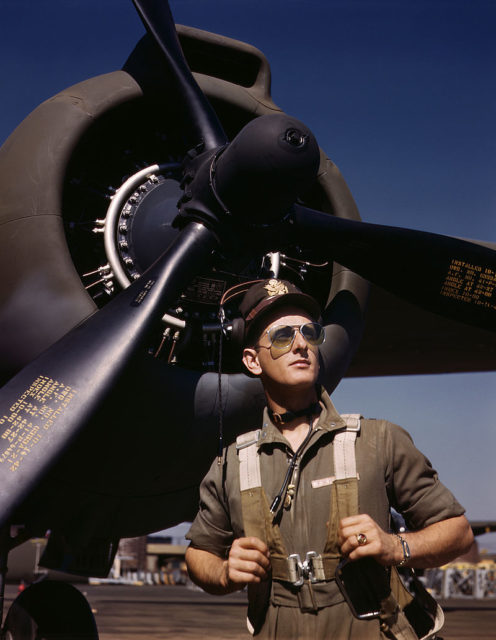U.S. Army test pilot Lt. F.W. “Mike” Hunter wearing a flight suit, October 1942.
