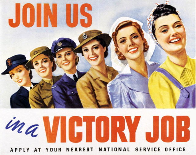 In many nations women were encouraged to join female branches of the armed forces or participate in industrial or farm work