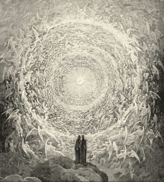 Dante and Beatrice gaze upon the highest heaven, Empyrean.