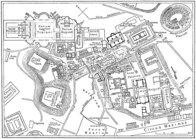 A map of central Rome during the Roman Empire, with the Colosseum at the upper right corner