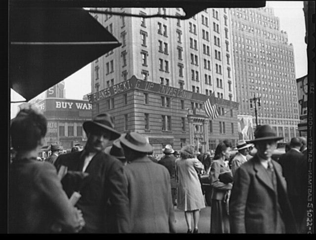 New York, New York. June 6th, 1944. Times Square and vicinity on D-day. Photo by Howard Hollem, Edward Meyer or MacLaugharie Photo Credit LOC