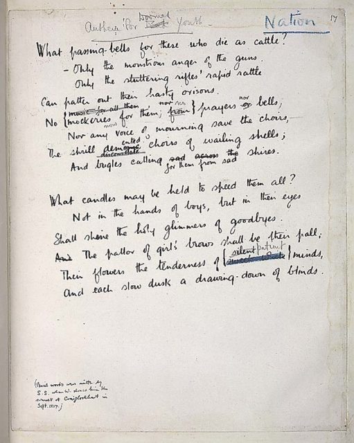 The original manuscript of Owen’s “Anthem for Doomed Youth”, showing Sassoon’s revisions and notes.