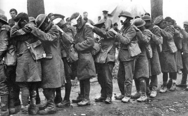British troops blinded by gas during the Battle of Estaires, 1918.