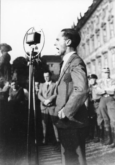 Goebbels speaking at a political rally against the Lausanne Conference (1932), photo credit