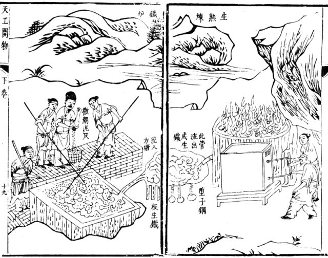 The delicate process of smelting iron ore to make wrought iron from pig iron. The illustration on the right depicts a blast furnace. Tiangong Kaiwu encyclopedia, (c.1637).