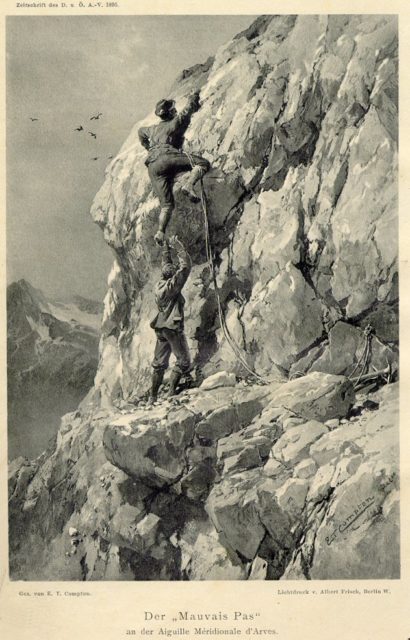 The ‘bad step’ on the Aiguille Méridionale d’Arves showing L. Purtscheller and Karl Blodig. Illustration by E.Compton, 1895