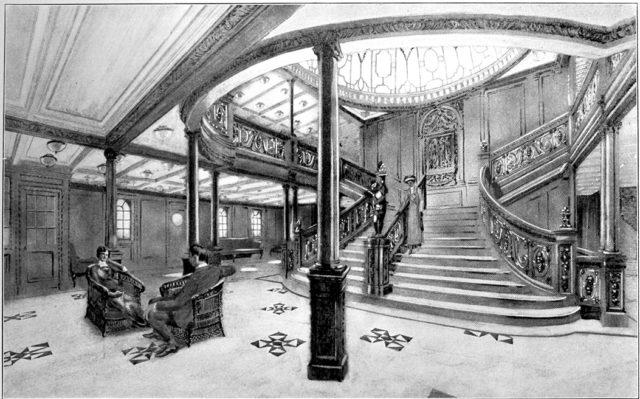 The famous Grand Staircase, which connected Boat Deck and E Deck, here shown in its full elegance and beauty.