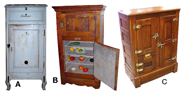 Various iceboxes from the late 19th century.