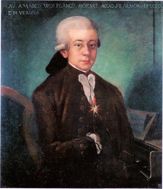 Portrait of Mozart wearing the badge of the Order of the Golden Spur received in 1770 from Pope Clement XIV in Rome. The painting is a 1777 copy of a  lost work