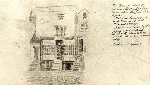 Drawing of Mary Anning’s house in Lyme Regis, Dorset, England.