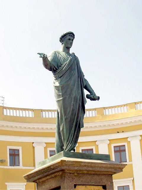 The statue of the Duke of Richelieu in Odessa on Primorsky Boulevard at the top of the stairs Photo Credit