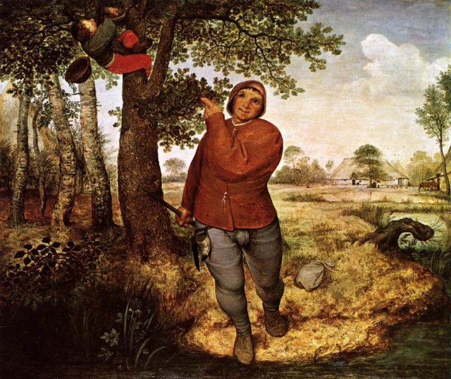 “The Peasant and the Nest Robber”  illustrates the Netherlandish proverb “He who knows where the nest is, has the knowledge. He who robs has the nest.”