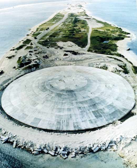 Photo showing the “Cactus Dome” protecting radioactive materials in the crater left by the “Cactus” nuclear weapons test back in 1958.