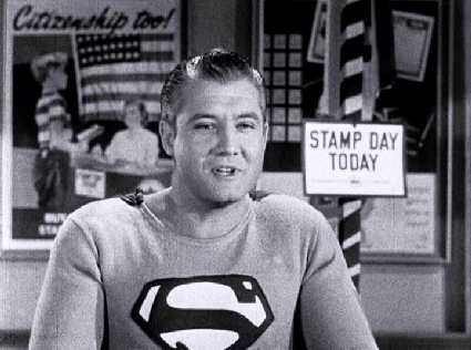 Screen capture of Reeves as Superman in the U.S. government film “Stamp Day for Superman” (1954)