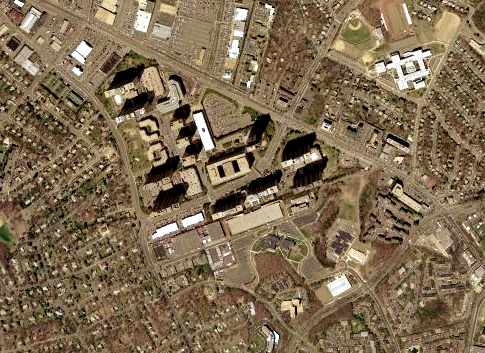 Aerial photo. The Skyline Center was constructed on the site of the Washington-Virginia Airport in the 1970s.