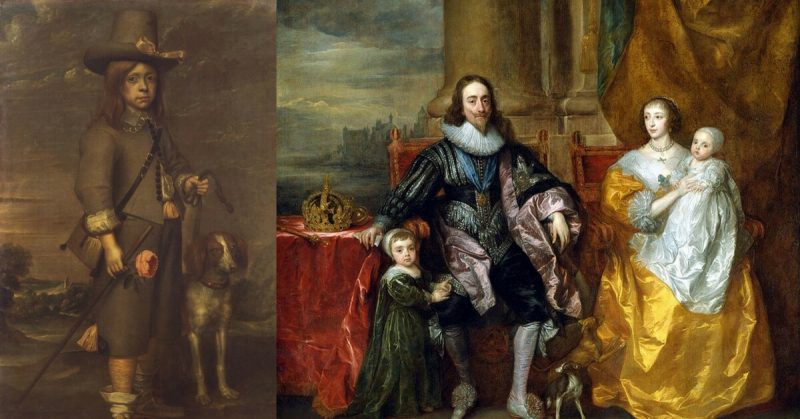 Left: Portrait of Jeffrey Hudson, by an unknown author; Right: Portrait of Charles I, Henrietta Maria and their children, by Van Dycke;