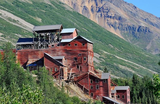 A view of the mine processing buildings showing the location of multiple building levels on a steep slope. Photo Credit
