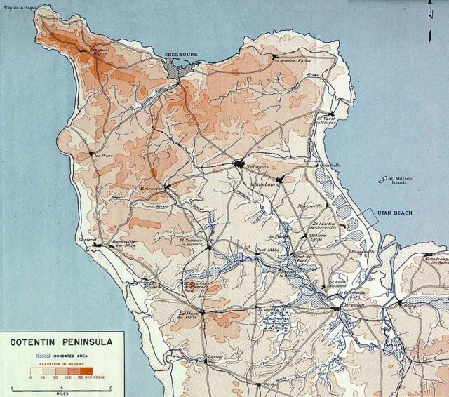 A map of the Cotentin peninsula, with Cherbourg to the north