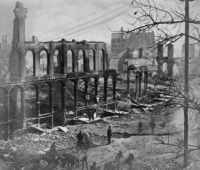Destroyed buildings in the aftermath of the 1871 Great Chicago Fire