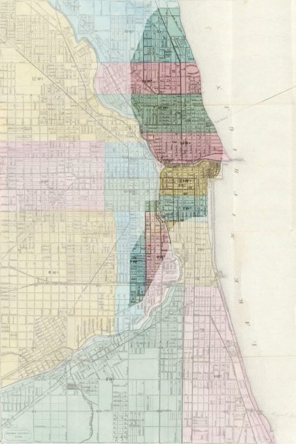 1868 map of Chicago, highlighting the area destroyed by the fire (location of O’Leary’s barn indicated by red dot)