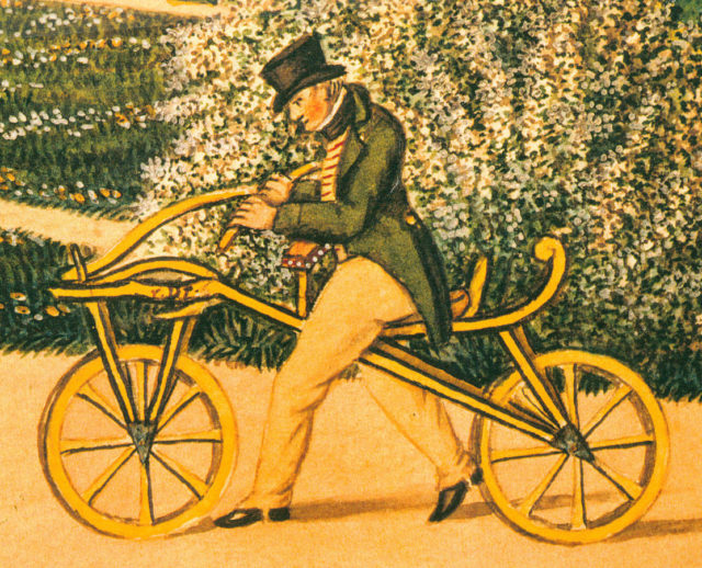 An artistic depiction of Karl von Drais riding his original Laufmaschine, the earliest two-wheeler, in 1819.