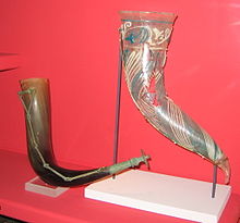 Vendel-era bronze horn fittings and glass drinking horn on display at the Swedish Museum of National Antiquities. Photo Credit