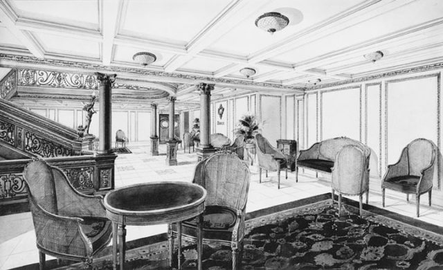 Illustration of the restaurant Reception Room on the RMS Titanic, c. 1912.