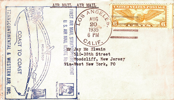 Cover flown by Wiley Post on all four of his attempts to make the first high altitude non-stop transcontinental flight from Los Angeles to New York. February–June 1935 Photo Credit