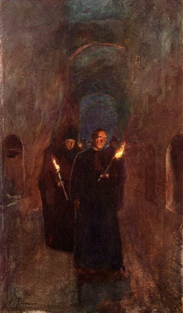 A procession in the Catacomb of Callixtus, painting by Alberto Pisa.